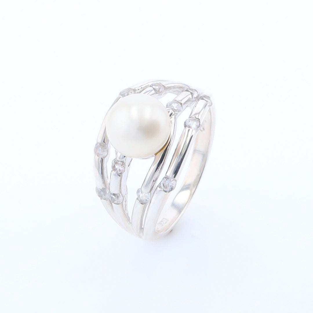 Pearl Bamboo Ring with Cubic Zirconia Accents