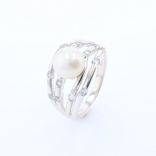 Pearl Bamboo Ring with Cubic Zirconia Accents