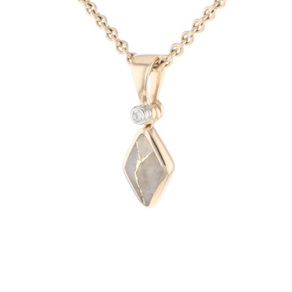 Gold Quartz Necklace Diamond Shape Inlaid Pendant with .02ct Diamond