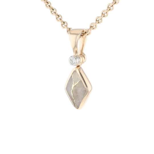 Gold Quartz Necklace Diamond Shape Inlaid Pendant with .02ct Diamond