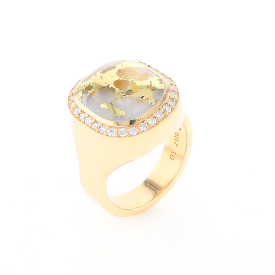 Gold Quartz Cushion Inlaid Men's Ring with Diamond Halo