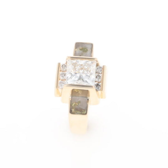 Princess Cut Diamond Gold Quartz 2-Square Inlaid Ring