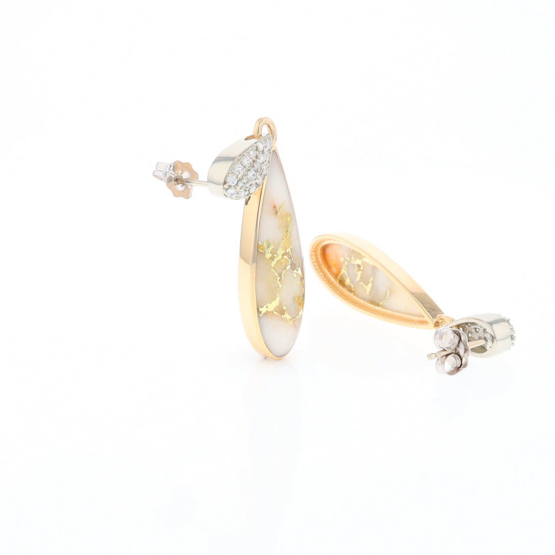 Gold Quartz Earrings, Tear Drop Inlaid with .22ctw Diamond Pave Design