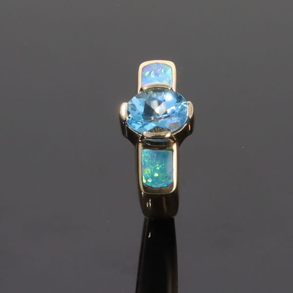 Opal Rings 2 Section Inlaid Design with Oval Swiss Blue Topaz Center