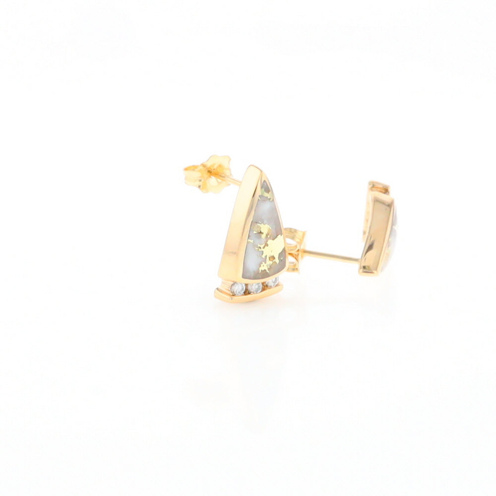 G2 Gold Quartz Earrings Triangle Shape Inlaid Design with .12ctw Diamonds