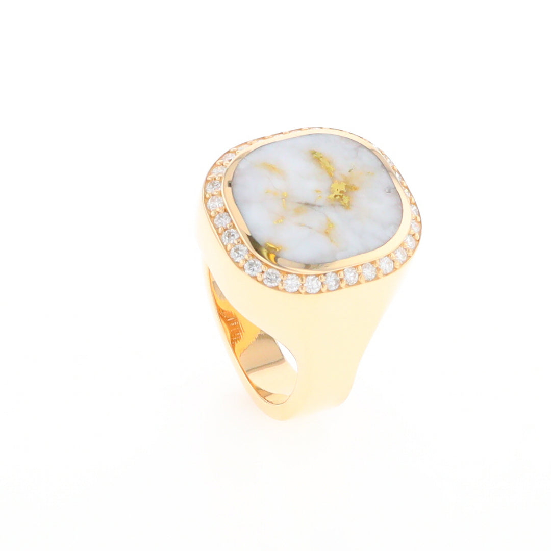 Gold Quartz Cushion Inlaid Men's Ring with Diamond Halo