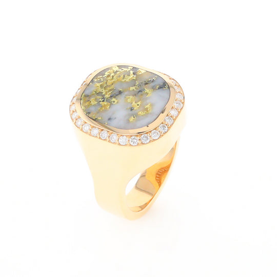 Gold Quartz Cushion Inlaid Men's Ring with Diamond Halo