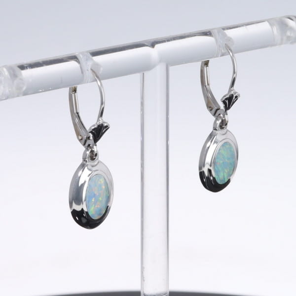 Opal Earrings Oval Inlaid Design Lever Backs