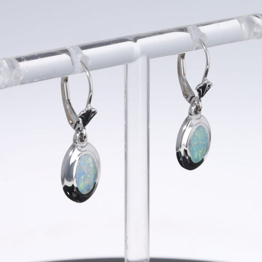 Opal Earrings Oval Inlaid Design Lever Backs