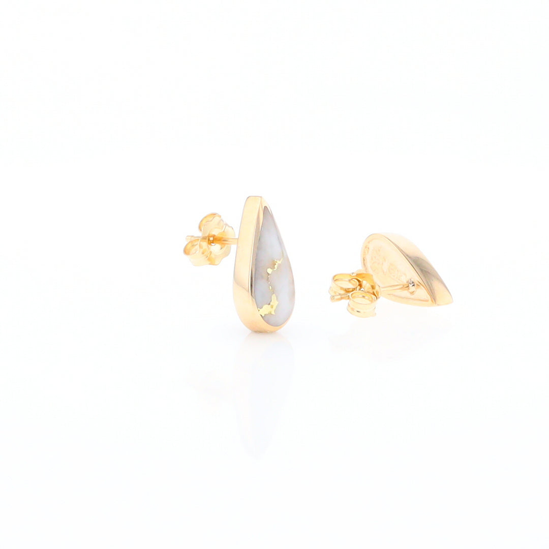 Gold Quartz Earrings Tear Drop Inlaid Studs