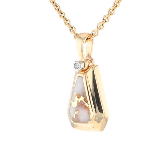 Gold Quartz Necklace, Triangle Inlaid with .02ctw Diamond Pendant