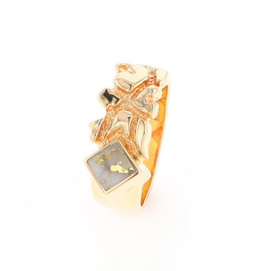 Gold Quartz Ring Diamond Shape Inlay Nugget Design Band