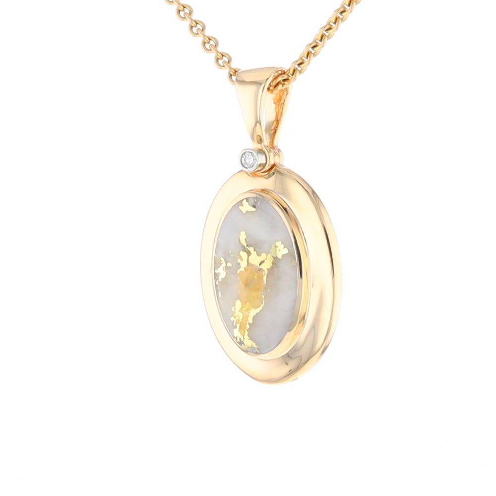 Gold Quartz Necklace Oval Inlaid Pendant with a .02ct Diamond