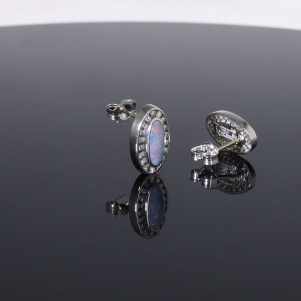 Opal Earrings Oval Inlaid with .25ctw Round Diamond Halo Studs