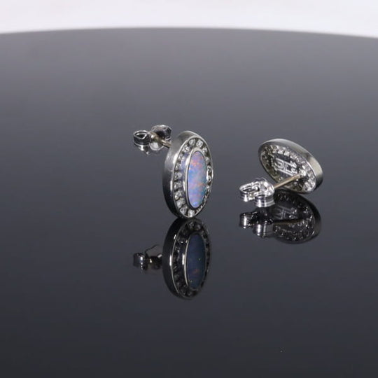 Opal Earrings Oval Inlaid with .25ctw Round Diamond Halo Studs