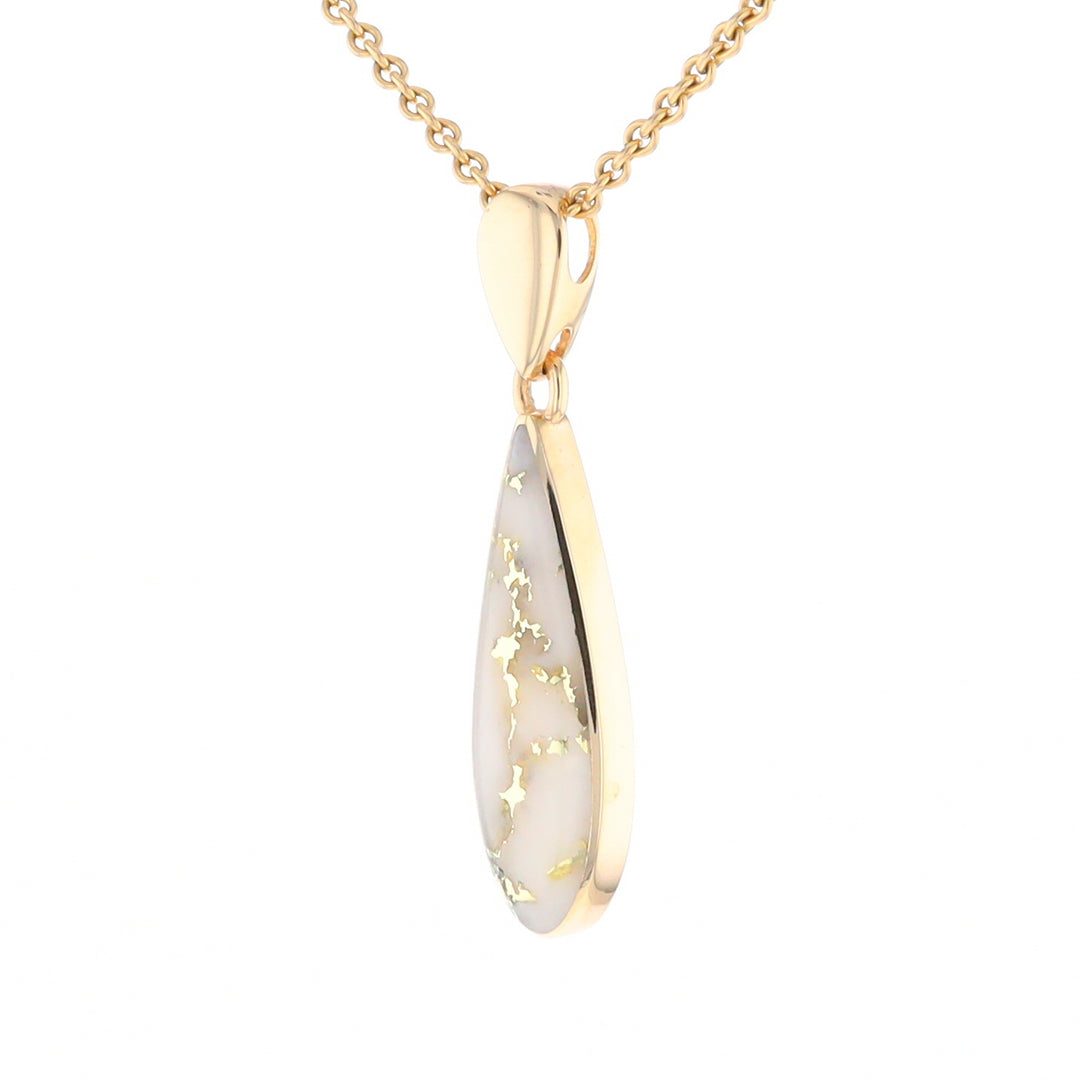 Gold Quartz Pendant Tear Drop Inlaid Design G2