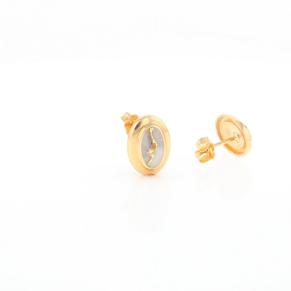 Gold Quartz Earrings Oval Inlaid Design Studs G2
