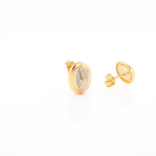 Gold Quartz Earrings Oval Inlaid Design Studs G2