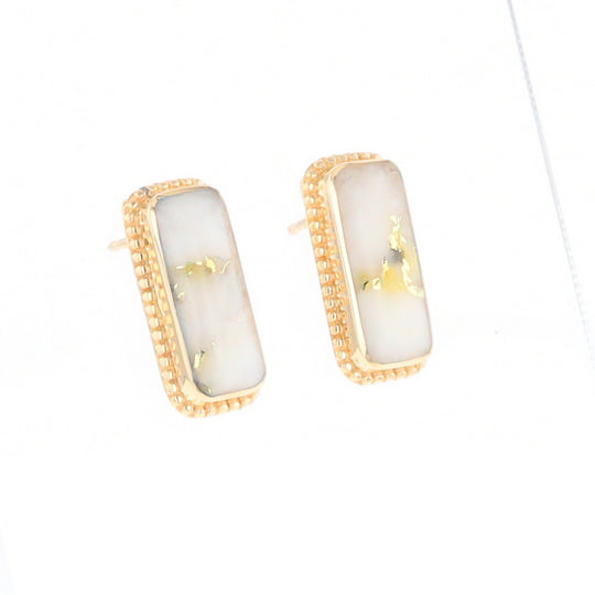 Gold Quartz Earrings Rectangle Inlaid Milgrain Design - G2