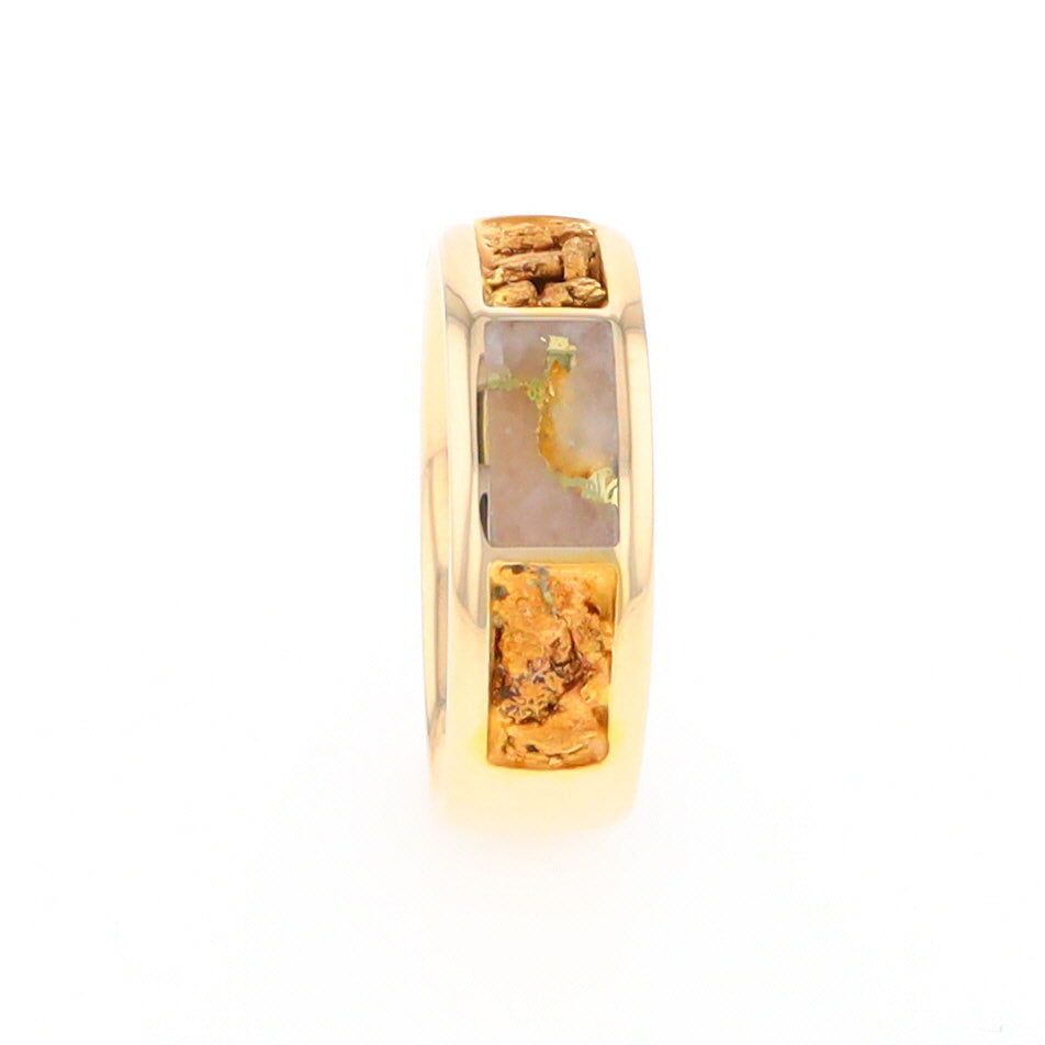 Gold Quartz Ring Rectangle Inlaid with Natural Nugget Sides