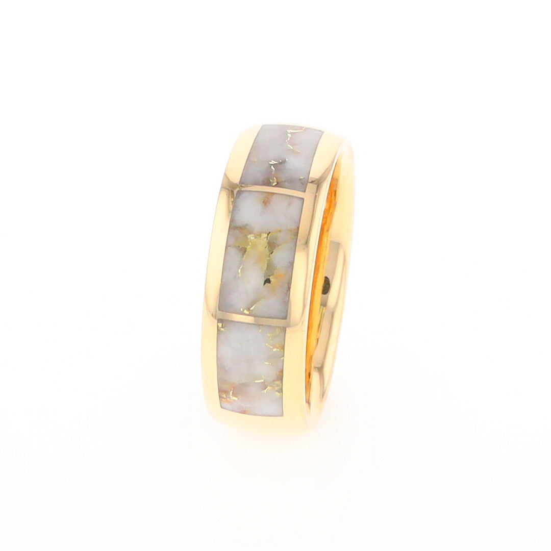 Gold Quartz Ring 3 Section Rectangle Inlaid Design Band