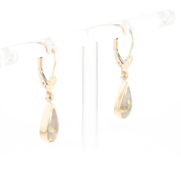 Gold Quartz Earrings Tear Drop Inlaid Lever Backs - G3