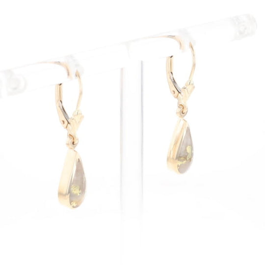 Gold Quartz Earrings Tear Drop Inlaid Lever Backs - G3