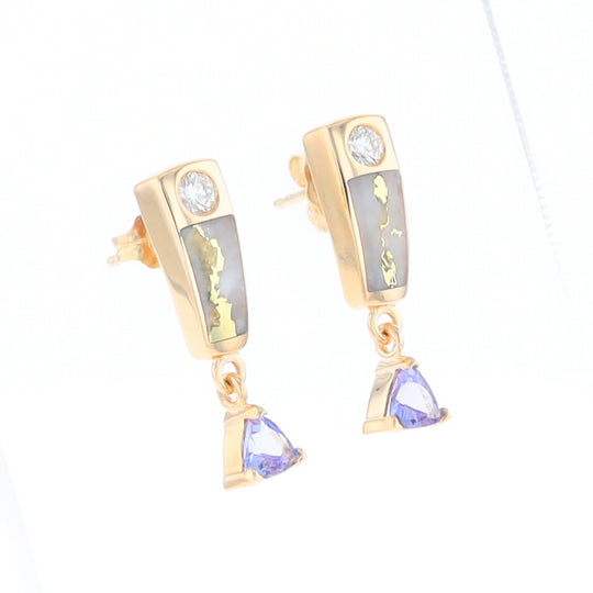 Gold Quartz Earrings Rectangle Inlaid Design with 0.11ct Diamonds & Trillion Cut Tanzanite