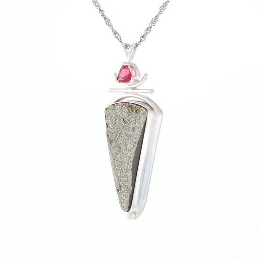 Druzy Quartz & Pink Trillion Tourmaline Pendant