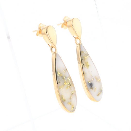 Gold Quartz Earrings Tear Drop Inlaid Design