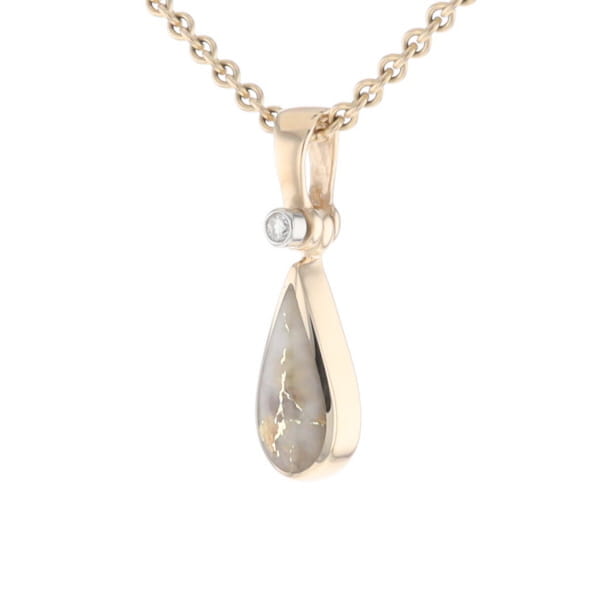 Gold Quartz Pendant Tear Drop Inlaid Design with .02ct Diamond