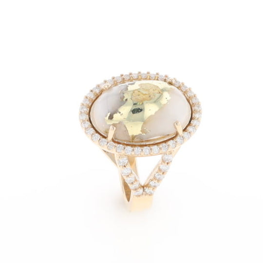 Gold Quartz Ring Oval Cabochon 0.65ctw Round Diamonds Halo