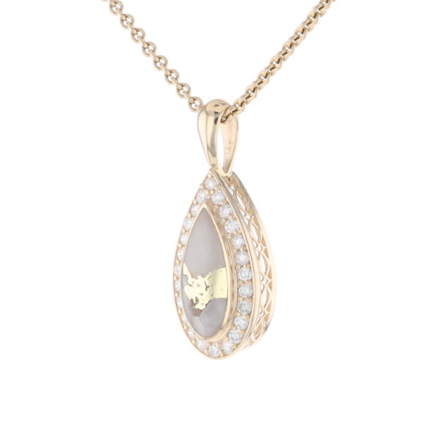 Gold Quartz Pendant Tear Drop Inlaid .42ctw Diamond Halo Design