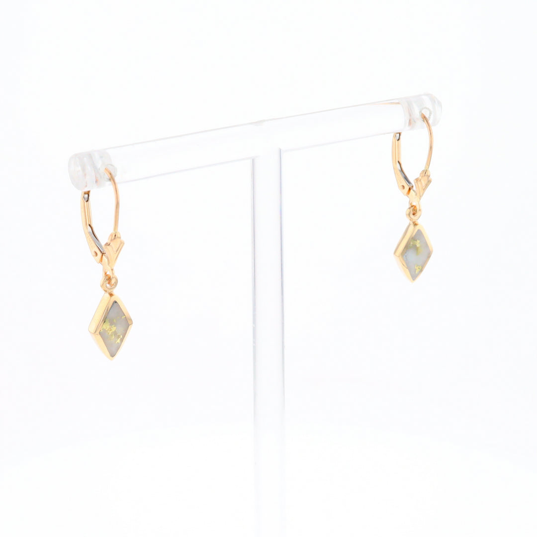 Gold Quartz Earrings Diamond Shape Inlaid Lever Backs G1