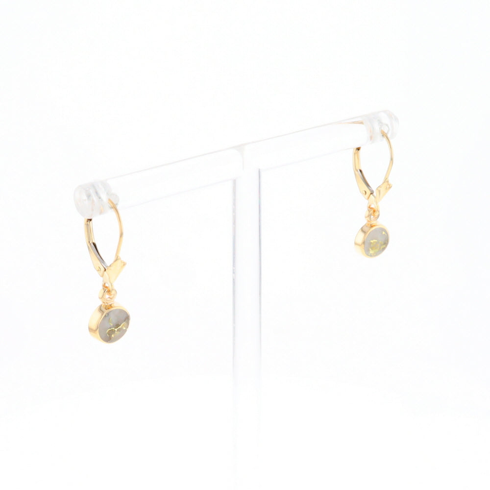 Gold Quartz Earrings Round Inlaid Design Lever Backs