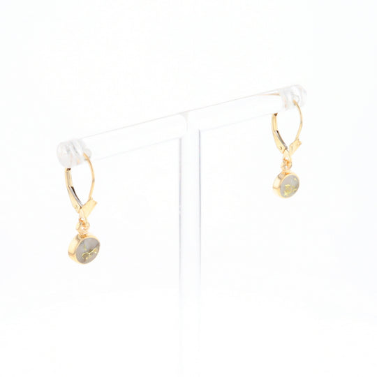 Gold Quartz Earrings Round Inlaid Design Lever Backs