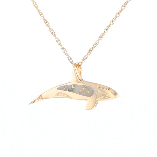 Gold Quartz Necklace Orca Killer Whale Inlaid Sea Life Pendant