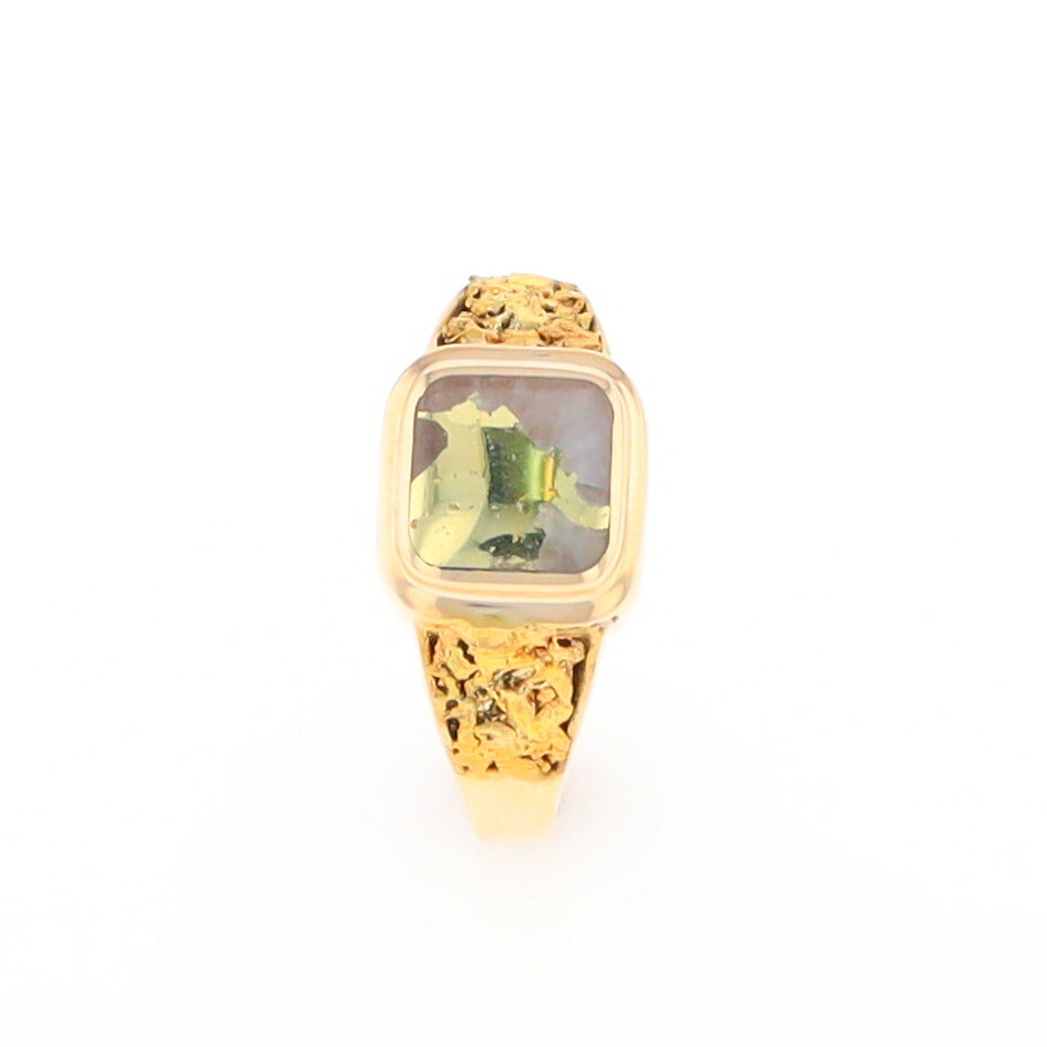 Gold Quartz Ring Square Inlaid Design Double Natural Nugget Sides