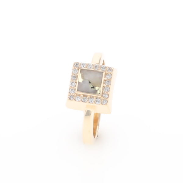 Gold Quartz Ring Square Inlaid Halo .14ctw Diamonds Design
