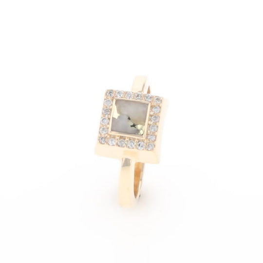 Gold Quartz Ring Square Inlaid Halo .14ctw Diamonds Design