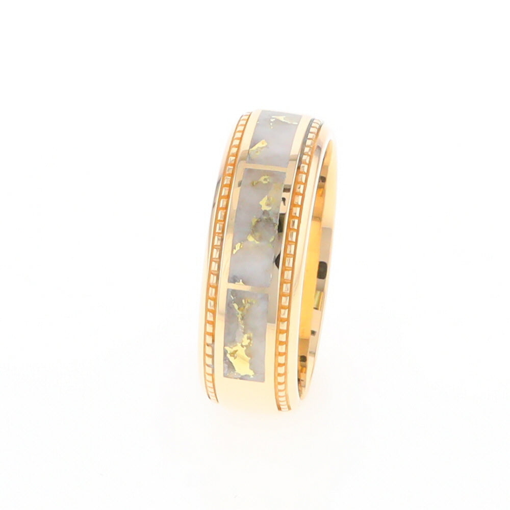 Gold Quartz Ring 3 Section Rectangle Inlaid Milgrain Border Band