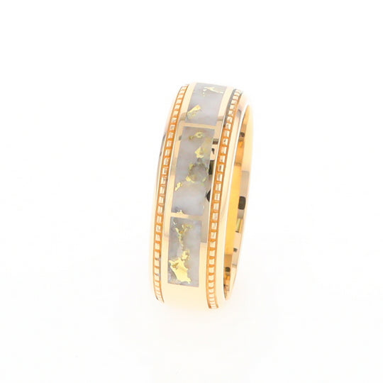 Gold Quartz Ring 3 Section Rectangle Inlaid Milgrain Border Band