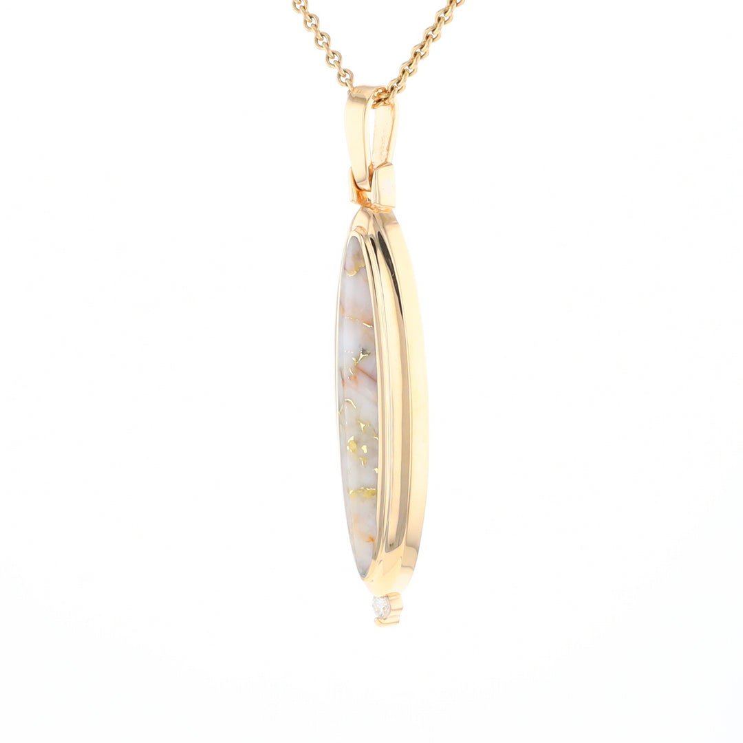 Gold Quartz Necklace Long Oval Inlaid Pendant with .05ct Diamond