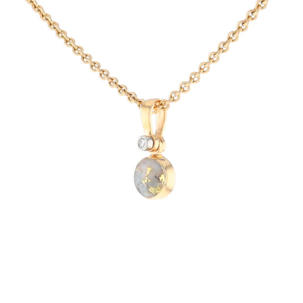 Gold Quartz Necklace Round Inlaid Pendant with .02ct Round Diamond