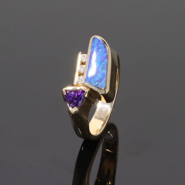 Opal Rings Geometric Inlaid with Amethyst and .08ctw Diamonds