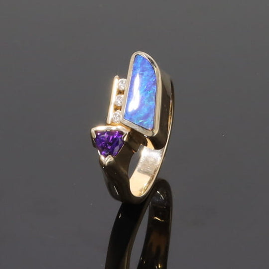 Opal Rings Geometric Inlaid with Amethyst and .08ctw Diamonds
