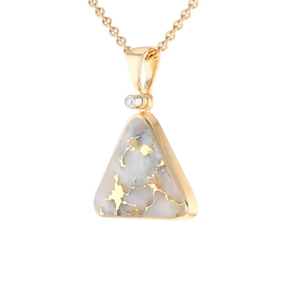 Gold Quartz Necklace Triangle Inlaid Pendant with .02ct Diamond