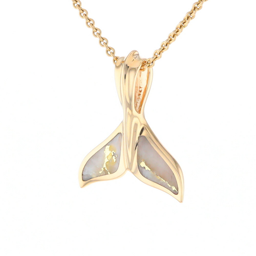 Whale Tail Necklaces Gold Quartz Double Sided Inlaid Sea Life Pendant