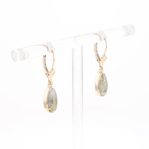 Gold Quartz Earrings Tear Drop Inlaid Lever Backs