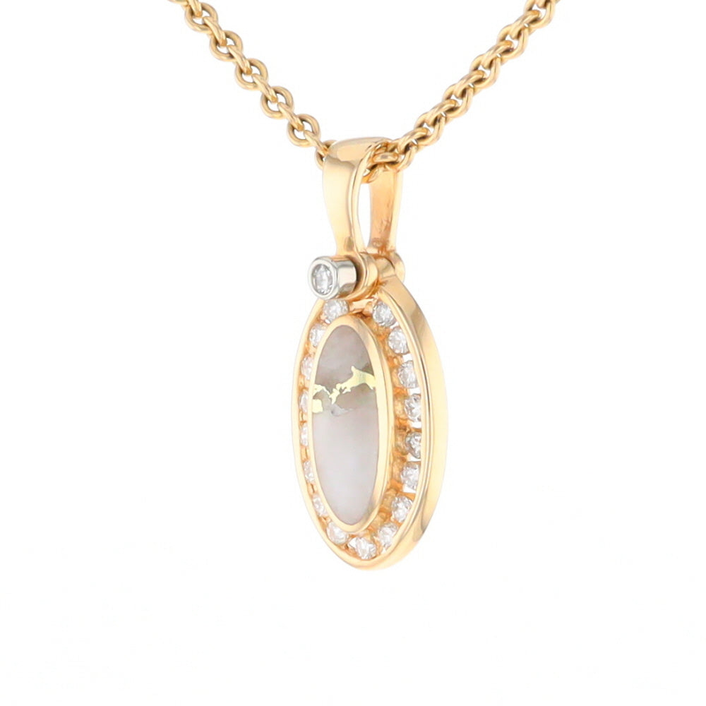 Gold Quartz Pendant Oval Inlaid with .22ctw Round Diamonds Halo